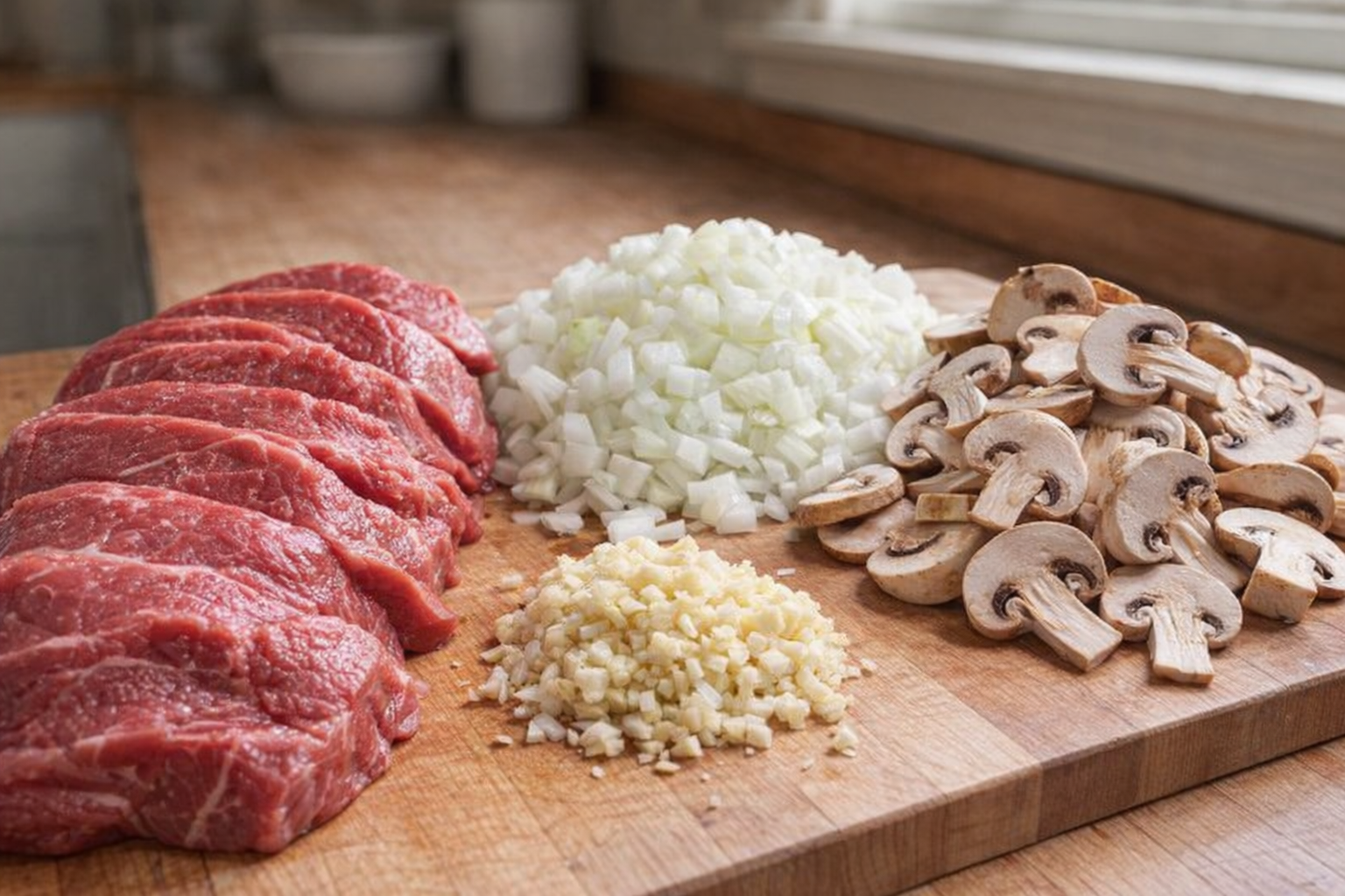 Sliced raw beef, chopped onions, minced garlic, and sliced mushrooms arranged on a wooden cutting board. Good lighting, showcasing the freshness of the ingredients.
